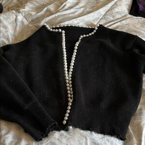 Commense Black Knit Cardigan with Pearl Trim
